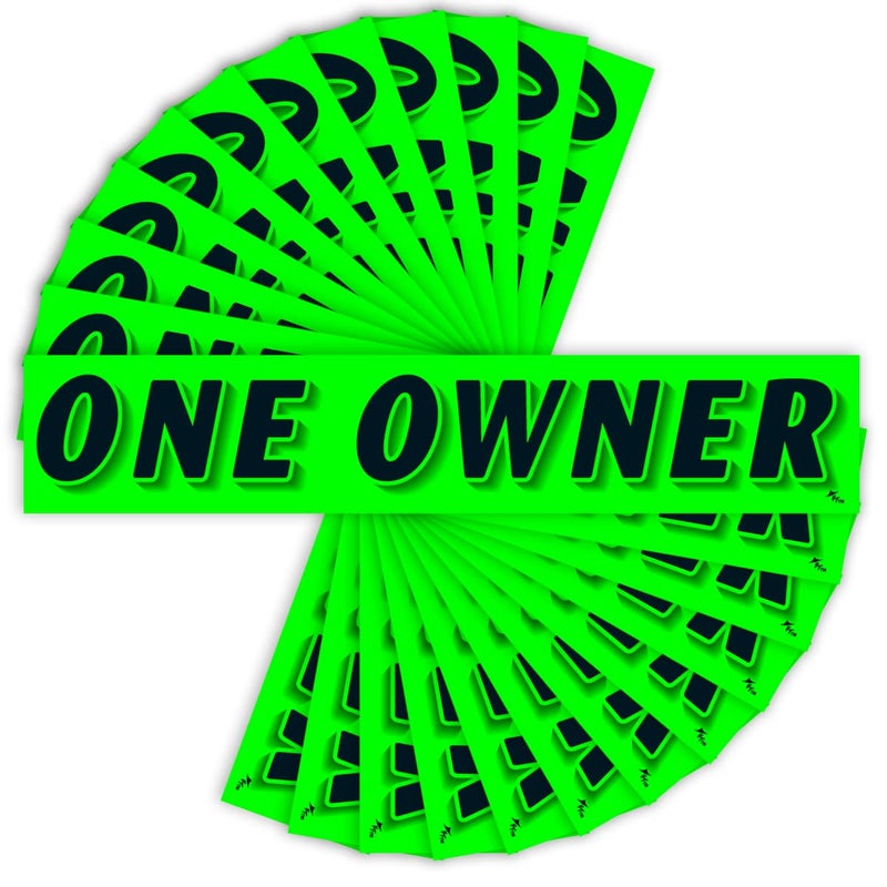 Versa-Tags Chartreuse Green Vinyl Slogan Stickers - 12-Pack for Car Dealer Windshield Advertising, Perfect for Used/New Car Truck RV Lots Slogan-One-Owner-Stickers - Image 1